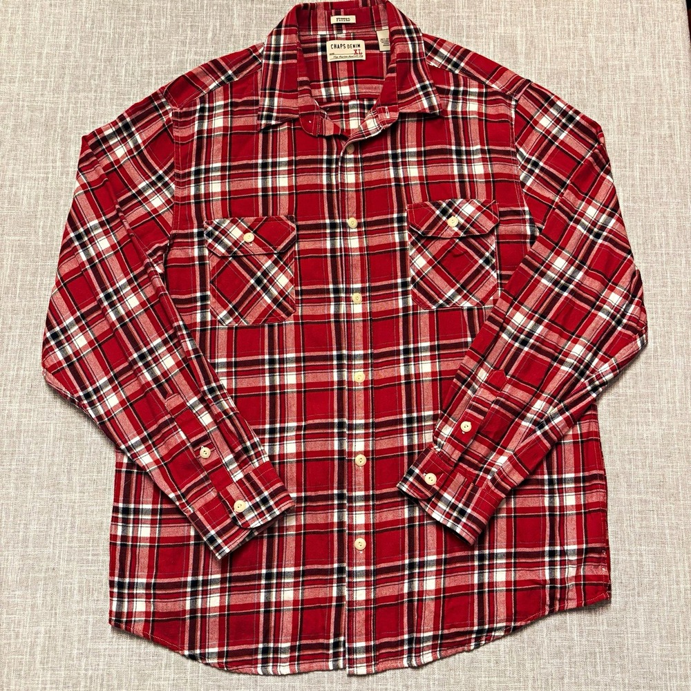 Chaps Denim Men's XL Fitted Red Plaid Flannel Cotton Long Sleeve Button-Up Shirt